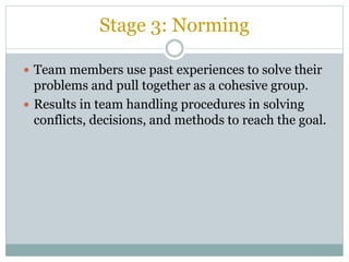 Stage 3: Norming
 Team members use past experiences to solve their
problems and pull together as a cohesive group.
 Results in team handling procedures in solving
conflicts, decisions, and methods to reach the goal.
 