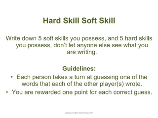 Hard Skill vs. Soft Skill Write down 5 soft skills you possess  (feel free to use you TDP for inspiration),  and 5 hard skills you possess  (feel free to use your TDP for inspiration) , don’t let anyone else see what you are writing. www.create-learning.com 