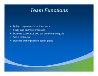 Team Functions


•   Define requirements of their work
•   Study and improve processes
•   Develop scorecards and set performance goals
•   Solve problems
•   Develop and implement action plans
 