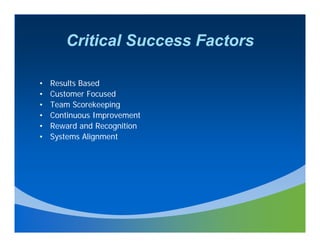 Critical Success Factors

•   Results Based
•   Customer Focused
•   Team Scorekeeping
                  p g
•   Continuous Improvement
•   Reward and Recognition
•   Systems Alignment
 