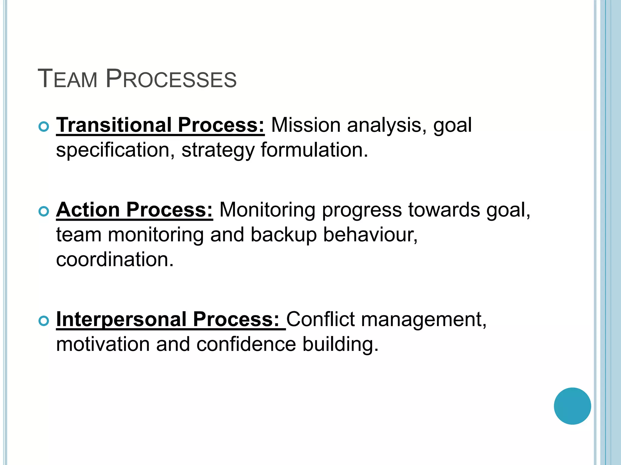 TEAM PROCESSES
 Transitional Process: Mission analysis, goal
specification, strategy formulation.
 Action Process: Monitoring progress towards goal,
team monitoring and backup behaviour,
coordination.
 Interpersonal Process: Conflict management,
motivation and confidence building.
 