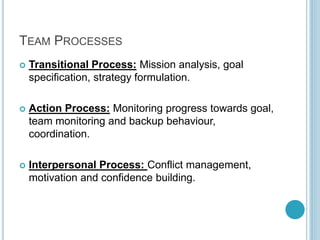 TEAM PROCESSES
 Transitional Process: Mission analysis, goal
specification, strategy formulation.
 Action Process: Monitoring progress towards goal,
team monitoring and backup behaviour,
coordination.
 Interpersonal Process: Conflict management,
motivation and confidence building.
 
