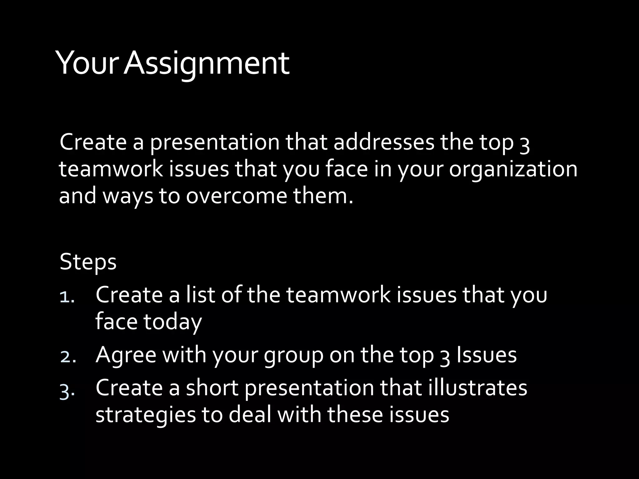 Your Assignment

Create a presentation that addresses the top 3
teamwork issues that you face in your organization
and ways to overcome them.

Steps
1. Create a list of the teamwork issues that you
   face today
2. Agree with your group on the top 3 Issues
3. Create a short presentation that illustrates
   strategies to deal with these issues
 