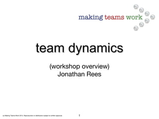 (c) Making Teams Work 2012. Reproduction or distribution subject to written approval. 1
team dynamicsteam dynamics
(workshop overview)
Jonathan Rees
 