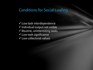 Conditions for Social Loafing
 Low task interdependence
 Individual output not visible
 Routine, uninteresting tasks
 Low task significance
 Low collectivist values
 