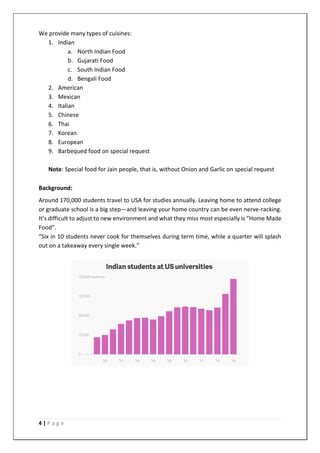 4 | P a g e
We provide many types of cuisines:
1. Indian
a. North Indian Food
b. Gujarati Food
c. South Indian Food
d. Bengali Food
2. American
3. Mexican
4. Italian
5. Chinese
6. Thai
7. Korean
8. European
9. Barbequed food on special request
Note: Special food for Jain people, that is, without Onion and Garlic on special request
Background:
Around 170,000 students travel to USA for studies annually. Leaving home to attend college
or graduate school is a big step—and leaving your home country can be even nerve-racking.
It’s difficult to adjust to new environment and what they miss most especially is “Home Made
Food”.
“Six in 10 students never cook for themselves during term time, while a quarter will splash
out on a takeaway every single week.”
 
