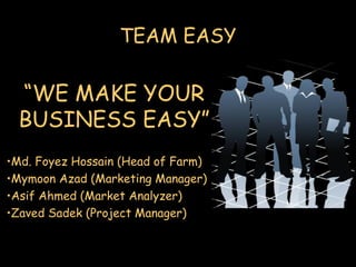 TEAM EASY
“WE MAKE YOUR
BUSINESS EASY”
•Md. Foyez Hossain (Head of Farm)
•Mymoon Azad (Marketing Manager)
•Asif Ahmed (Market Analyzer)
•Zaved Sadek (Project Manager)
 