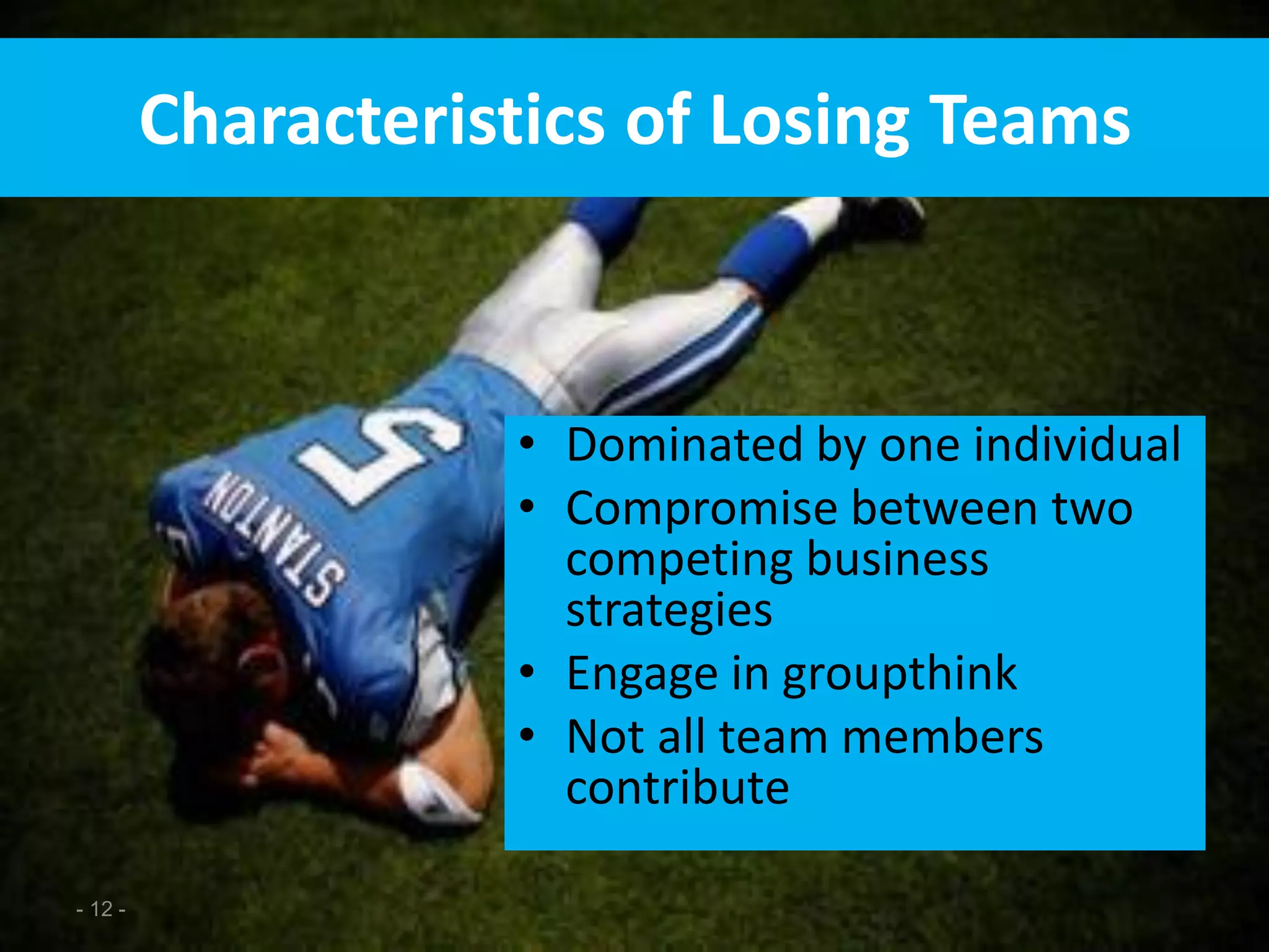 - 12 -
Characteristics of Losing Teams
• Dominated by one individual
• Compromise between two
competing business
strategies
• Engage in groupthink
• Not all team members
contribute
 