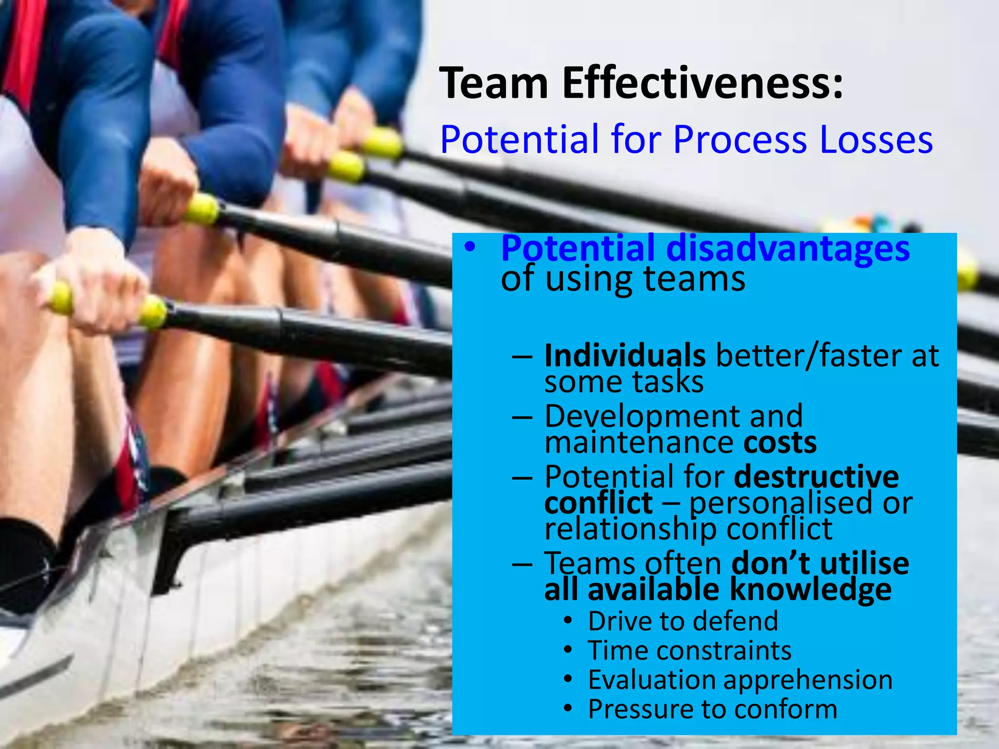 Team Effectiveness:
Potential for Process Losses
• Potential disadvantages
of using teams
– Individuals better/faster at
some tasks
– Development and
maintenance costs
– Potential for destructive
conflict – personalised or
relationship conflict
– Teams often don’t utilise
all available knowledge
• Drive to defend
• Time constraints
• Evaluation apprehension
• Pressure to conform
 