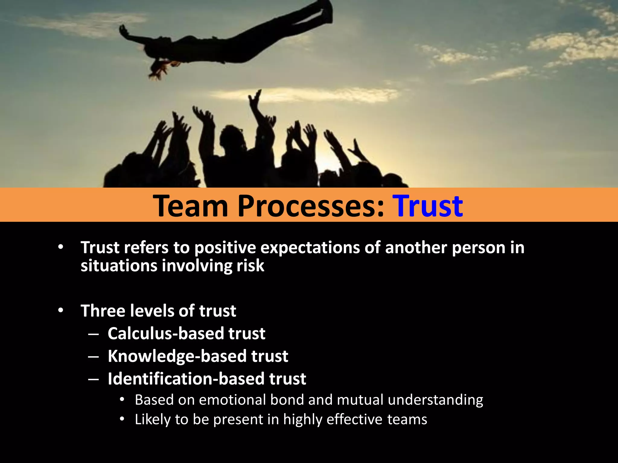 Team Processes: Trust
• Trust refers to positive expectations of another person in
situations involving risk
• Three levels of trust
– Calculus-based trust
– Knowledge-based trust
– Identification-based trust
• Based on emotional bond and mutual understanding
• Likely to be present in highly effective teams
 