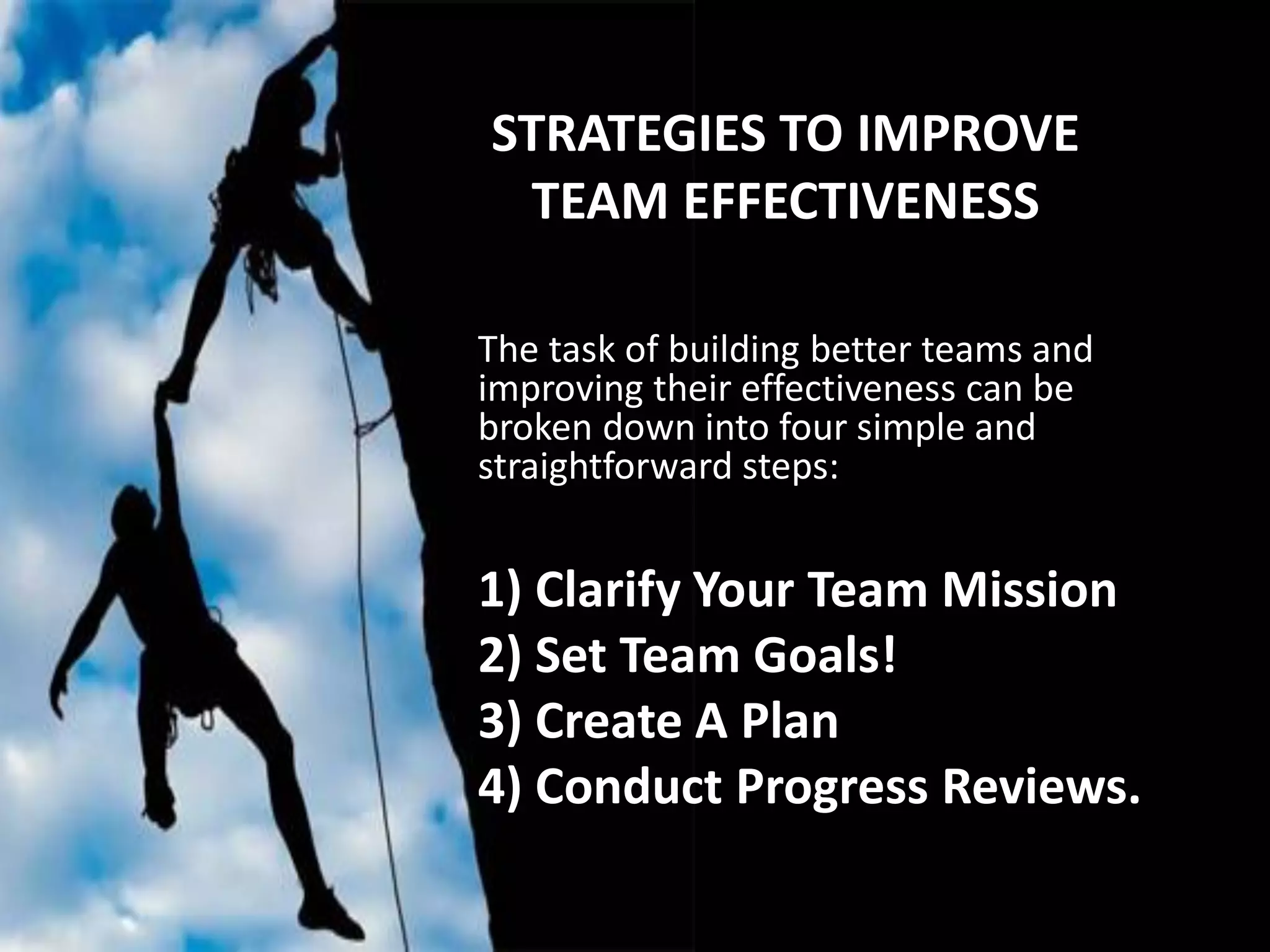 STRATEGIES TO IMPROVE
TEAM EFFECTIVENESS
The task of building better teams and
improving their effectiveness can be
broken down into four simple and
straightforward steps:
1) Clarify Your Team Mission
2) Set Team Goals!
3) Create A Plan
4) Conduct Progress Reviews.
 