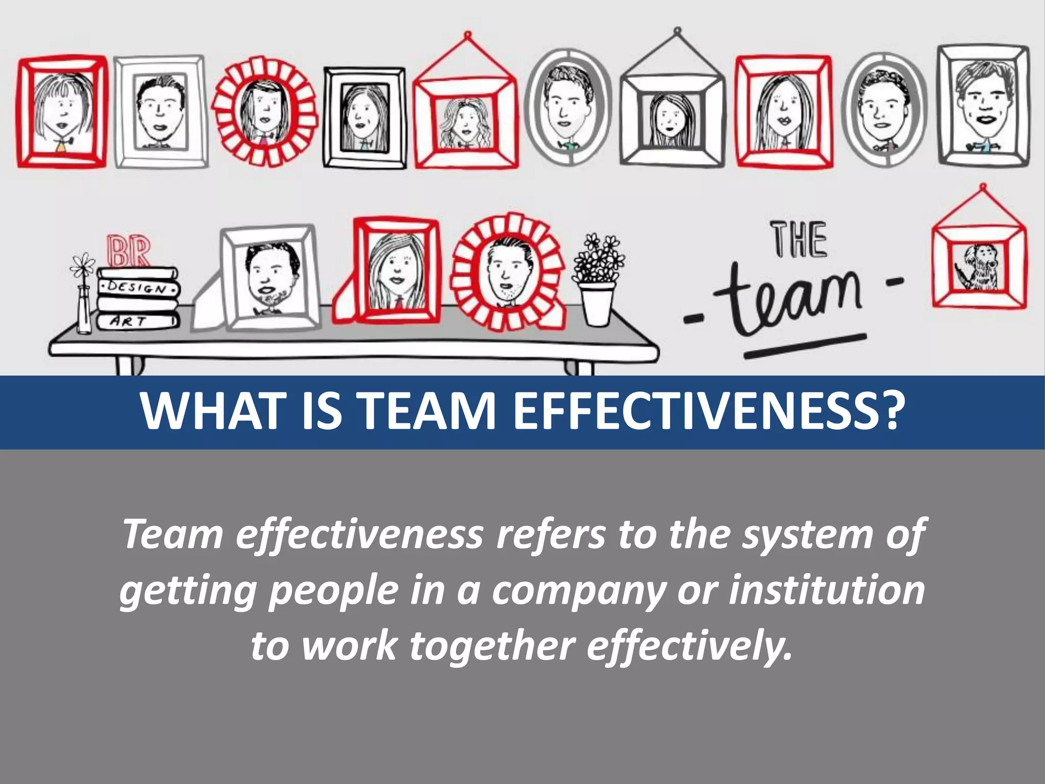 WHAT IS TEAM EFFECTIVENESS?
Team effectiveness refers to the system of
getting people in a company or institution
to work together effectively.
 