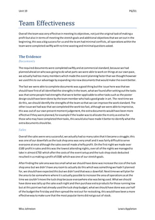 Unit 19 P6/D1
Miss Johnston LewisAppleton
Team Effectiveness
Overall the teamwasveryeffectiveinmeetingitsobjectives,notjustthe original taskof makinga
profitbutalsoin termsof meetingthe stretchgoalsandadditional objectivesthatwe setoutin the
beginning,thiswasabigsuccessfor usand the team hadminimal conflicts,all operationswithinthe
teamwere completedswiftlywithnotime wastingandminimalquestionsasked.
The Evidence
Documents
The requireddocumentswere completedswiftlyandatcommercial standard,because we had
plannedahead onwhowas goingtodo what parts we were able toworkon thingsat our ownpace,
we actuallyhadtoo many memberswhichmade the event planningfasterthanwe thoughthowever
we usedthisto our advantage byexpandingintonew documentsthatwouldmake the eventbetter.
The fact we were able tocomplete documentswasagood thingbutthe issue here wasthatwe
shouldhave firstof all identifiedthe strengthsinthe team, whatwe foundaftersettingoutthe tasks
was thatsome people hadstrengthsthatwere betterapplicable toothertaskssuchas the poster
designcouldhave beendone bythe teammemberwhohada goodgrade inart. The nexttime we
do this,we shouldidentifythe strengthsof the teamsothat we can improve the workstandard.The
otherissue we hadwas that we completedthe worktoofast,althoughwe were able toimprovise,
thiswas outof our ownpresentmomentjudgement,the extradocumentswouldhave beenmore
effectiveif theywere planned,forexampleif the leaderwastoallocate themonlyasextrasfor
those whomay have completedtheirtasks,thiswouldalsohave made itbettertoidentifywhatthe
extradocumentsshouldbe.
Sales
Overall the saleswere verysuccessful,we actuallyhadso many salesthatit became a struggle;this
was one of our downfallsasthe tuckshoparea was verysmall andit wasfairlydifficulttoserve
everyone atonce althoughthe salesoverall made aheftyprofit.Onthe firstnightwe made over
£100 profitinsalesandthiswas the lowestattendingnights,overall of the nightswe managedto
take in almost£750 whichafterthe costsof the eventsetupandthe tuck shopstock deducted
resultedinusmakinga profitof £500 whichwasone of our stretchgoals.
Afterfindingthe sale areawastoosmall what we shouldhave done wasincrease the size of the tuck
shoparea but we didn’thave anyroomto actuallydo thiswhichwassomethingwe hadn’tplanned
for,we shouldhave expectedthisbutwe didn’tandthatwasa downfall.Nexttimewe willplanfor
the area to be somewhere whereitisactuallypossible toincrease the areaof operationsasat the
time we couldn’tmove the tuckshopbecause everywhere else wasbeingused.Whatwe should
have done wastallyup the saleseachnightand thenpurchase extraproductsforthose runninglow
but at thispointwe had alreadyusedthe tuckshopbudget,whatwe shouldhave done wasuse half
of the budgetthe firstdayand thenspreadthe restout for restocking,thiswouldhave beenamore
effectivewaytomake sure that the most popularitemsdidnotgoout of stock.
 