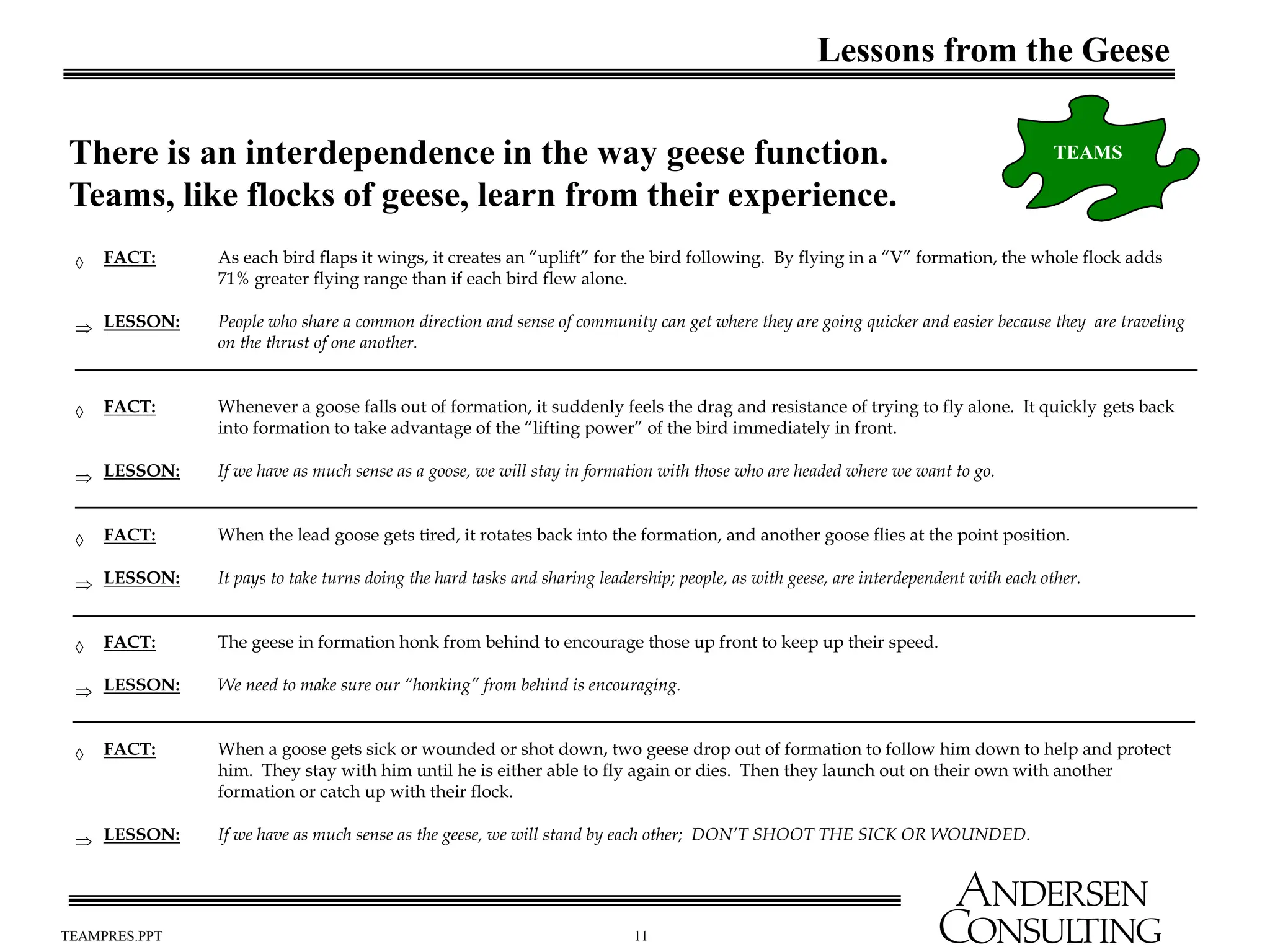 11
TEAMPRES.PPT
 FACT: As each bird flaps it wings, it creates an “uplift” for the bird following. By flying in a “V” formation, the whole flock adds
71% greater flying range than if each bird flew alone.
 LESSON: People who share a common direction and sense of community can get where they are going quicker and easier because they are traveling
on the thrust of one another.
 FACT: Whenever a goose falls out of formation, it suddenly feels the drag and resistance of trying to fly alone. It quickly gets back
into formation to take advantage of the “lifting power” of the bird immediately in front.
 LESSON: If we have as much sense as a goose, we will stay in formation with those who are headed where we want to go.
 FACT: When the lead goose gets tired, it rotates back into the formation, and another goose flies at the point position.
 LESSON: It pays to take turns doing the hard tasks and sharing leadership; people, as with geese, are interdependent with each other.
 FACT: The geese in formation honk from behind to encourage those up front to keep up their speed.
 LESSON: We need to make sure our “honking” from behind is encouraging.
 FACT: When a goose gets sick or wounded or shot down, two geese drop out of formation to follow him down to help and protect
him. They stay with him until he is either able to fly again or dies. Then they launch out on their own with another
formation or catch up with their flock.
 LESSON: If we have as much sense as the geese, we will stand by each other; DON’T SHOOT THE SICK OR WOUNDED.
TEAMS
Lessons from the Geese
There is an interdependence in the way geese function.
Teams, like flocks of geese, learn from their experience.
 