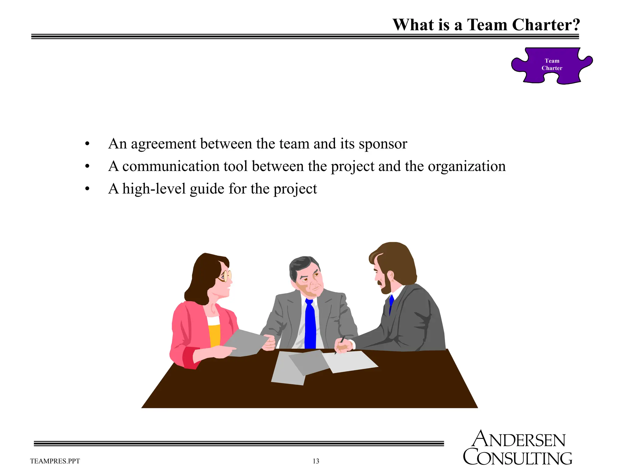 13
TEAMPRES.PPT
Team
Charter
• An agreement between the team and its sponsor
• A communication tool between the project and the organization
• A high-level guide for the project
What is a Team Charter?
 
