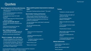 Quotes
“People would NOT be okay with their info
being sent to their commanding officers”
“Money Talks, prevention walks”
“PTSD is hard because there’s a distinction
between the DoD and VA”
“Smart to Steer away from PTSD and suicide”
“Feedback is critically important”
“Peel the onion”
“Every minute that distracts from the
operation is a minute wasted”
“There are no routine emergencies but there are
routines for emergencies”
“Knowing your stressed is irrelevant in the
moment”
“We don’t need armchair quarterbacks”
“Training is based on presenting variability,
which helps to mitigate stress”
“Training yesterday’s techniques
for tomorrow's problems”
“When you get to the part that requires more
thinking outside of the box, that’s what gets you”
What type of training would you choose? “The cooks”
“What you’ll probably find is that stress level
is directly related to the amount of training”
“Data to decision”
“We’re tired of holding back the
hotshots”
“No real word outcomes pretty
much at all”
“There’s not a lot of measurement
currently”
“Ground school is forever”
“Certainly a personal thing that I
would want”
“Time to train is a huge metric in
Naval Aviation”
“You see mishaps when a pilot doesn’t understand
the automation”
“The Navy’s not going to adjust for
one little snowflake”
“Makes a lot of sense”
“There’s a lot left on the table” (of
classroom training)
“All of the tactical learning
happens in the debrief”
“Skills are durable but knowledge
is not”
“First 2-3 weeks of school is death
by powerpoint”
“May be able to get the most bang
for your buck in FRS”
“Holy sh*t this is cool”
“You may not see people without mTBI in a
PTSD population
“VA typically does longer term health
outcomes”
Stress Management and Measurable Outcomes
Is stress operationally relevant?
“In acute stressful situations, I fell back on a
lot of stuff that I learned in Ranger School”
Don’t Tell My Commander
Stress is a symptom - Not a root cause
Naval Aviation Training and Outcomes
“Still lots of stigma”
Where could the greatest improvements to training be
made?
Mission Achievement
MVP
“In acute stressful situations, I fell back on a lot of stuff that I learned in
Ranger School” - LTC Army with 10 years in infantry
Training
 