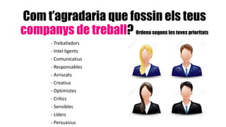 Com t’agradaria que fossin els teus
companys de treball? Ordena segons les teves prioritats
- Treballadors
- Intel·ligents
- Comunicatius
- Responsables
- Arriscats
- Creatius
- Optimistes
- Crítics
- Sensibles
- Líders
- Persuasius
 