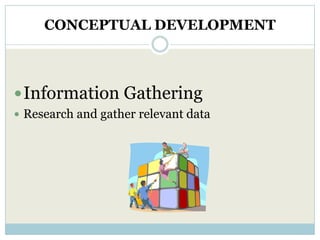 CONCEPTUAL DEVELOPMENT



 Information Gathering
 Research and gather relevant data
 