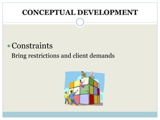 CONCEPTUAL DEVELOPMENT



 Constraints
 Bring restrictions and client demands
 
