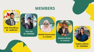 Anik Chowdhury
ID : 22304103
Mahdia Nusrat Jasia
ID: 22304094
Washim Akram
ID: 22304126
Taspiya sultana
ID : 22304046
Ritu Das
ID :22304040
MEMBERS
 
