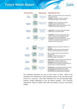 3
The  underlying  motivations  for  each  of  these  roles  run  deep.    Most  of  the 
motivations  are  fundamental  to  what  provides  purpose  in  life,  and  they’ve  been 
around  for  a  long  time.    How  these  motivations  are  met  and  expressed  today, 
however,  changes  depending  on  how  the  options  available  –  how  innovative 
organizations  choose  to  address  these  with  new  products,  services,  and  business 
models. 
 
 
 
 