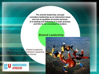 Shared Leadership Pearce & Conger – Shared Leadership Bradford & Cohen – Postheroic Leadership Sawyer – Group Genius The shared leadership concept  considers leadership as an interaction issue  and not as qualities of certain persons.  It is leading and following in a team process, and this Is not connected to leaders. 