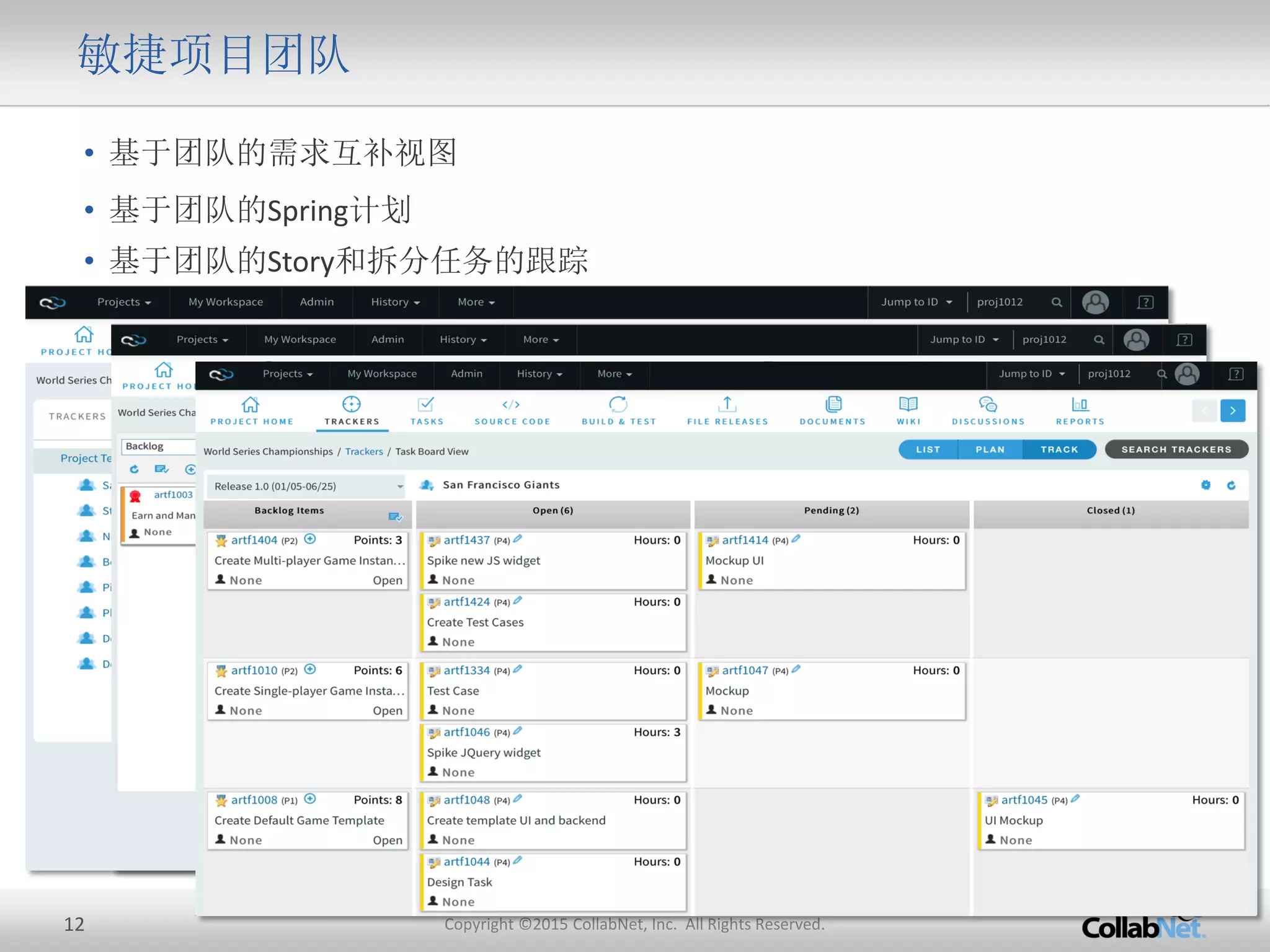 12 Copyright ©2015 CollabNet, Inc. All Rights Reserved.
• 基于团队的需求互补视图
• 基于团队的Spring计划
• 基于团队的Story和拆分任务的跟踪
敏捷项目团队
 