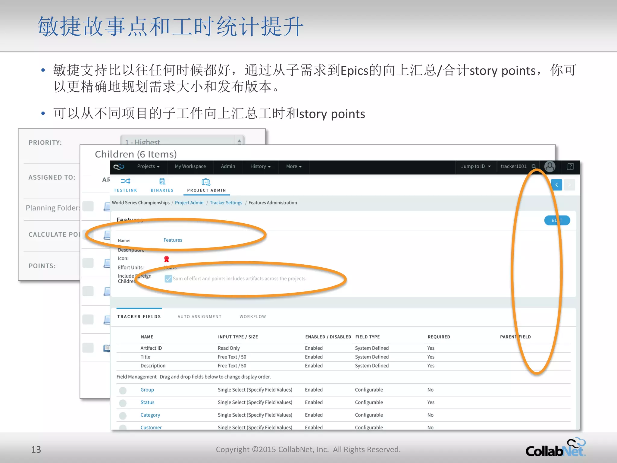 13 Copyright ©2015 CollabNet, Inc. All Rights Reserved.
敏捷故事点和工时统计提升
• 敏捷支持比以往任何时候都好，通过从子需求到Epics的向上汇总/合计story points，你可
以更精确地规划需求大小和发布版本。
• 可以从不同项目的子工件向上汇总工时和story points
 