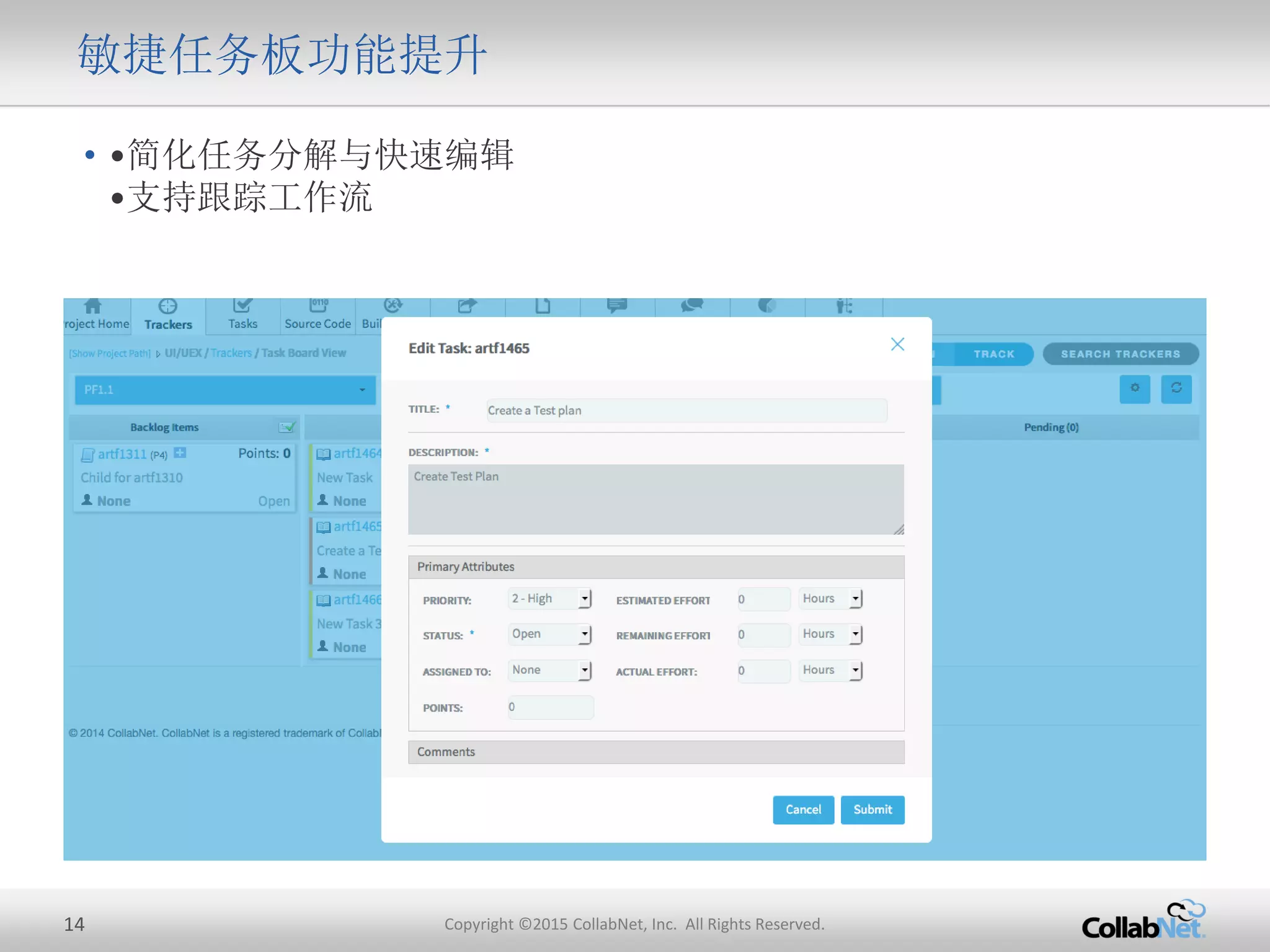 14 Copyright ©2015 CollabNet, Inc. All Rights Reserved.
敏捷任务板功能提升
• •简化任务分解与快速编辑
•支持跟踪工作流
 