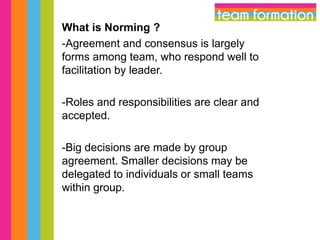 What is Norming ?
-Agreement and consensus is largely
forms among team, who respond well to
facilitation by leader.
-Roles and responsibilities are clear and
accepted.
-Big decisions are made by group
agreement. Smaller decisions may be
delegated to individuals or small teams
within group.

 