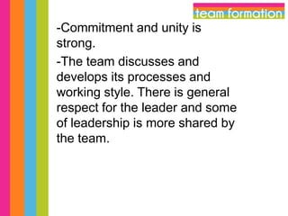 -Commitment and unity is
strong.
-The team discusses and
develops its processes and
working style. There is general
respect for the leader and some
of leadership is more shared by
the team.

 