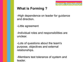 What is Forming ?
-High dependence on leader for guidance
and direction.
-Little agreement
-Individual roles and responsibilities are
unclear.
-Lots of questions about the team's
purpose, objectives and external
relationships.
-Members test tolerance of system and
leader.

 