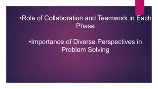 •Role of Collaboration and Teamwork in Each
Phase
•Importance of Diverse Perspectives in
Problem Solving
 