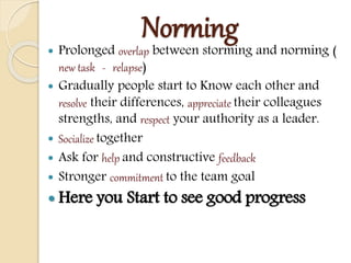 Norming
 Prolonged overlap between storming and norming (
new task - relapse)
 Gradually people start to Know each other and
resolve their differences, appreciate their colleagues
strengths, and respect your authority as a leader.
 Socialize together
 Ask for help and constructive feedback
 Stronger commitment to the team goal
 Here you Start to see good progress
 