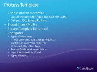 Process TemplateChoose and/or customizeOut of the box: MSF Agile and MSF for CMMIOthers:  SDL, Scrum, RUP, etc.Stored in an XML fileProcess Template Editor toolConfiguresTypes of Work ItemsUse Case, Task, Bug, Change Request, …Contents of each Work item TypeUI for each Work Item TypeProcess Guidance documentationLayout for SharePoint PortalTypes of Reports