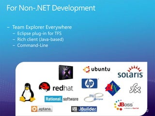 For Non-.NET DevelopmentTeam Explorer EverywhereEclipse plug-in for TFSRich client (Java-based)Command-Line