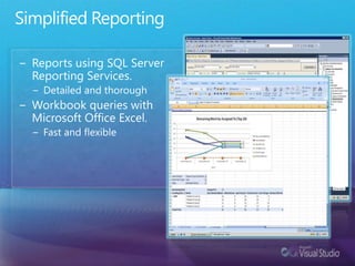 Simplified ReportingReports using SQL Server Reporting Services.Detailed and thoroughWorkbook queries with Microsoft Office Excel.Fast and flexible