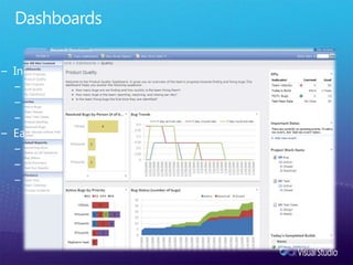 DashboardsInformation-rich dashboardsRoll-up reports show KPI’sDrill-down for further analysisQuickly customizableEasy interaction with developersWeb-based bug filingWeb-based feature requestsTrack status of bugs / features