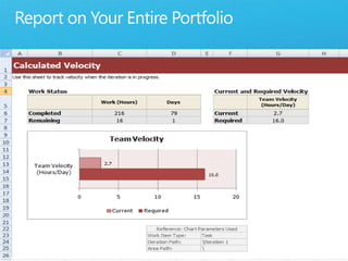 Report on Your Entire PortfolioCustomizable DashboardsSharePoint web partsTFSWAExcel reports using MOSSRelational warehouseExcel reporting