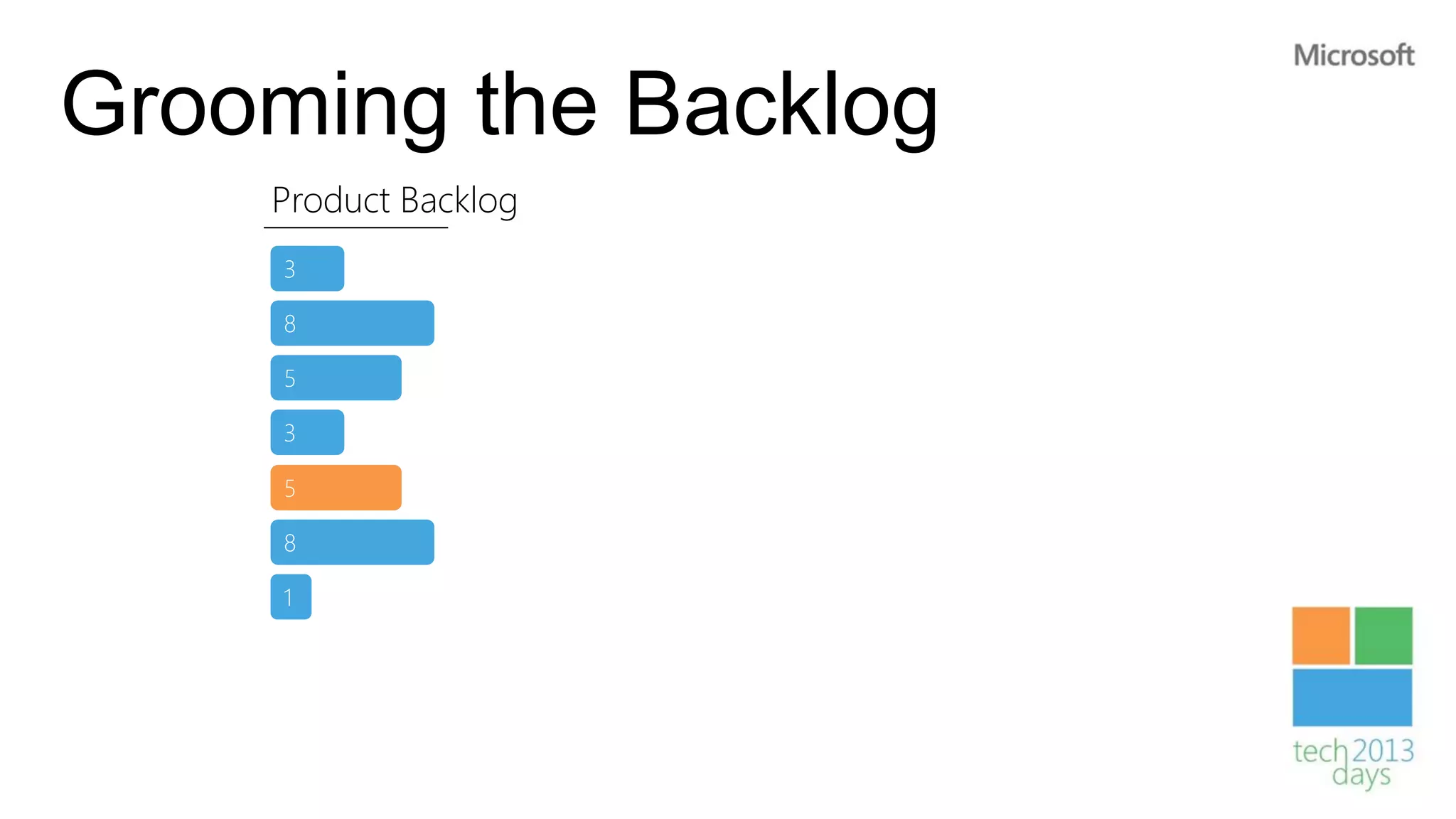 Grooming the Backlog
    Product Backlog
     3

     8

     5

     3

     5

     8

     1
 