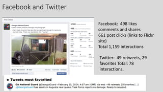 Facebook and Twitter
Facebook: 498 likes
comments and shares
661 post clicks (links to Flickr
site)
Total 1,159 interactions
Twitter: 49 retweets, 29
favorites Total: 78
interactions.
 