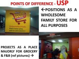 USP

POINTS OF DIFFERENCE POSITIONS AS A
WHOLESOME
FAMILY STORE FOR
ALL PURPOSES

PROJECTS AS A PLACE
MAJORLY FOR GROCERY
& F&B (ref pictures) 

12

 