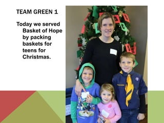 TEAM GREEN 1
Today we served
Basket of Hope
by packing
baskets for
teens for
Christmas.

 