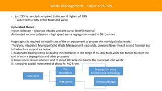 Waste Management – Paper and Pulp

- just 27% is recycled compared to the world highest of 69%
  - paper forms >50% of the total solid waste

Hyderabad Model:
Waste collection – separate into dry and wet parts+ landfill material
Automated vacuum collection – high speed waste segregation – used in 30 countries

Huge capital is required to install state of the art equipment to process the municipal solid waste.
Therefore, Integrated Municipal Solid Waste Management is possible, provided Government extend financial and
infrastructure support as below:
i. Reasonable tipping fee to be paid to the contractor in the range of Rs.1600 to Rs.2000 per tonnes to cover the
cost of source segregation and other processes
ii. Government should allocate land of about 200 Acres to handle the municipal solid waste
iii. It requires capital investment of about Rs. 400 Crore.
                                          Dry                     Segregation using
                                      recyclables               Mechanized Technology
            Collection
                                      Wet waste                     Compost/biogas
 