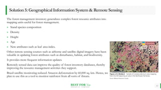 BEST FOR You
O R G A N I C S C O M P A N Y
The forest management inventory generalizes complex forest resource attributes into
mapping units useful for forest management.
» Stand species composition
» Density
» Height
» Age
» New attributes such as leaf area index.
Other remote sensing sources such as airborne and satellite digital imagery have been
valuable in updating forest attributes such as disturbance, habitat, and biodiversity.
It provides more frequent information updates.
Remotely sensed data can improve the quality of forest inventory databases, thereby
improving the resource management activities they support.
Brazil satellite monitoring reduced Amazon deforestation by 60,000 sq. km. Hence, we
plan to use this as a tool to monitor rainforest from all sorts of threats.
13
Solution5:GeographicalInformationSystem&RemoteSensing
 