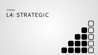 Level 5
• Multiple teams > Team manager(s)
• Experienced lead strategist
• Data visualization specialist
• Statistician
 