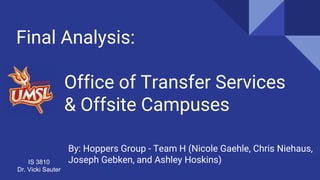Final Analysis:
Office of Transfer Services
& Offsite Campuses
By: Hoppers Group - Team H (Nicole Gaehle, Chris Niehaus,
Joseph Gebken, and Ashley Hoskins)IS 3810
Dr. Vicki Sauter
 