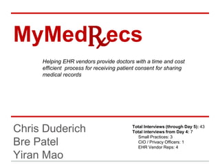MyMed ecs 
Helping EHR vendors provide doctors with a time and cost 
efficient process for receiving patient consent for sharing 
medical records 
Chris Duderich 
Bre Patel 
Yiran Mao 
Total Interviews (through Day 5): 43 
Total interviews from Day 4: 7 
Small Practices: 3 
CIO / Privacy Officers: 1 
EHR Vendor Reps: 4 
 