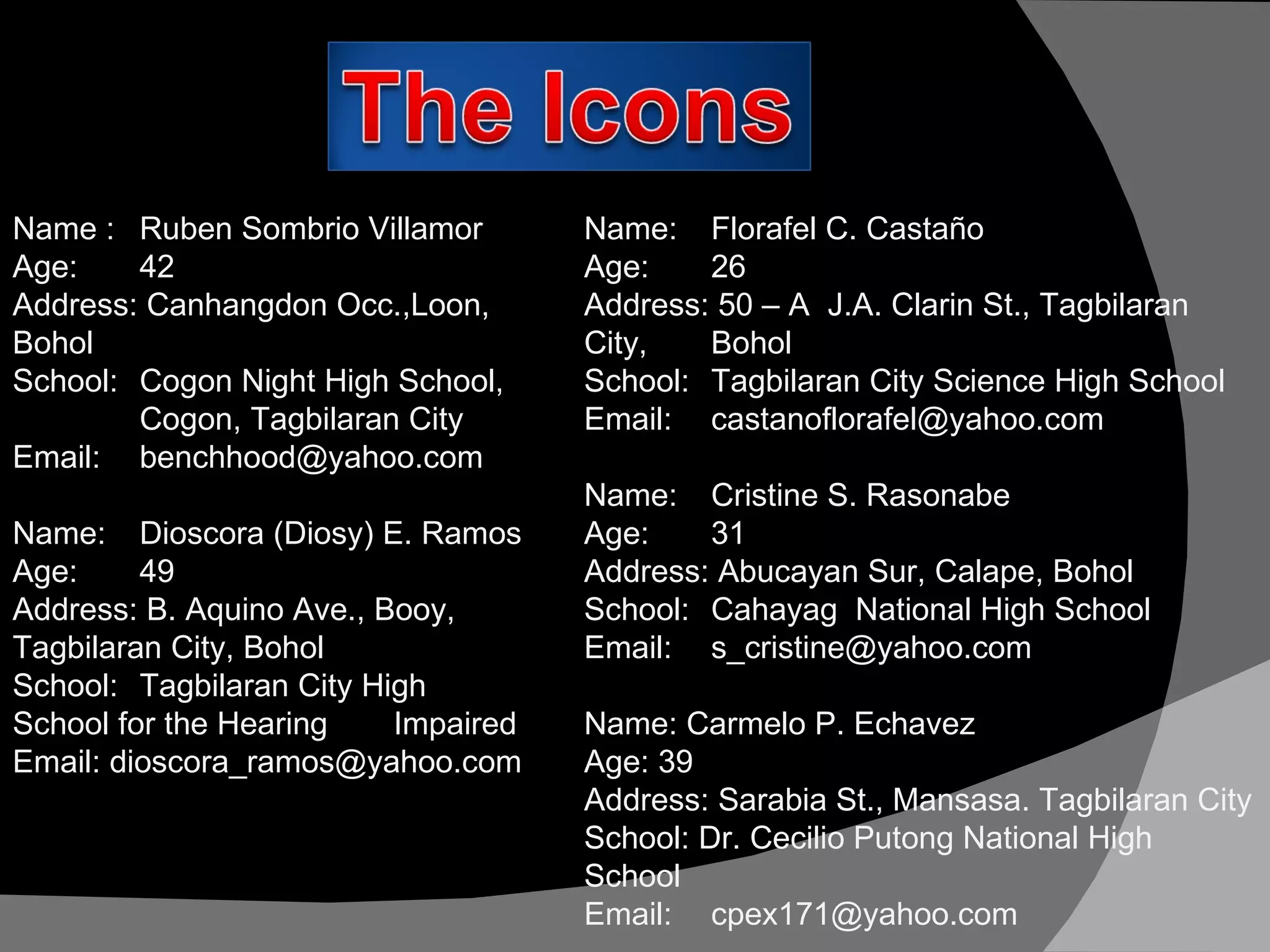 Name :  Ruben Sombrio Villamor Age: 42 Address: Canhangdon Occ.,Loon,  Bohol School: Cogon Night High School,  Cogon, Tagbilaran City Email: [email_address] Name:  Dioscora (Diosy) E. Ramos Age: 49 Address: B. Aquino Ave., Booy,  Tagbilaran City, Bohol School: Tagbilaran City High  School for the Hearing  Impaired Email: dioscora_ramos@yahoo.com Name: Florafel C. Castaño Age:  26 Address: 50 – A  J.A. Clarin St., Tagbilaran City,  Bohol School: Tagbilaran City Science High School Email: [email_address] Name:  Cristine S. Rasonabe Age: 31 Address: Abucayan Sur, Calape, Bohol School: Cahayag  National High School Email: [email_address] Name: Carmelo P. Echavez Age: 39 Address: Sarabia St., Mansasa. Tagbilaran City School: Dr. Cecilio Putong National High  School Email: [email_address] 