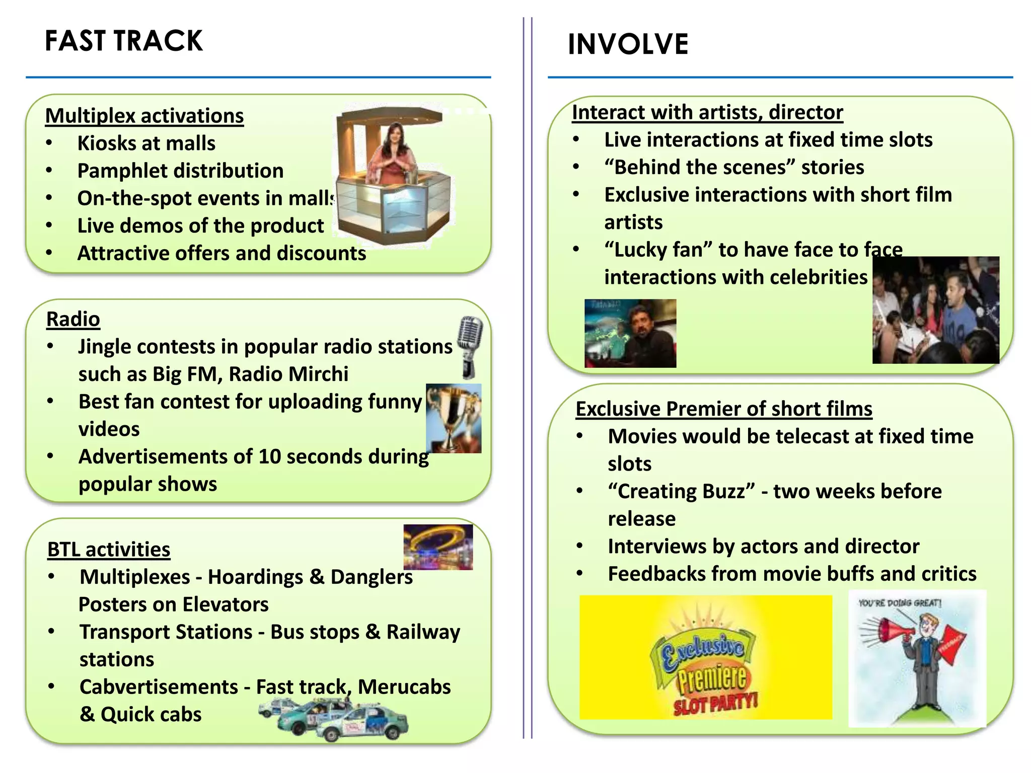 FAST TRACK                                    INVOLVE

Multiplex activations                         Interact with artists, director
• Kiosks at malls                             • Live interactions at fixed time slots
• Pamphlet distribution                       • “Behind the scenes” stories
• On-the-spot events in malls                 • Exclusive interactions with short film
• Live demos of the product                       artists
• Attractive offers and discounts             • “Lucky fan” to have face to face
                                                  interactions with celebrities
Radio
• Jingle contests in popular radio stations
   such as Big FM, Radio Mirchi
• Best fan contest for uploading funny        Exclusive Premier of short films
   videos                                     • Movies would be telecast at fixed time
• Advertisements of 10 seconds during            slots
   popular shows                              • “Creating Buzz” - two weeks before
                                                 release
BTL activities                                • Interviews by actors and director
• Multiplexes - Hoardings & Danglers          • Feedbacks from movie buffs and critics
   Posters on Elevators
• Transport Stations - Bus stops & Railway
   stations
• Cabvertisements - Fast track, Merucabs
   & Quick cabs
 
